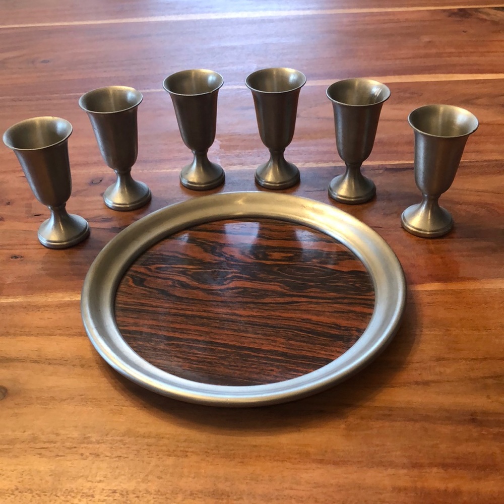 Vintage Mid Century Pewter Set 6 Shot Glasses & Cordial Tray